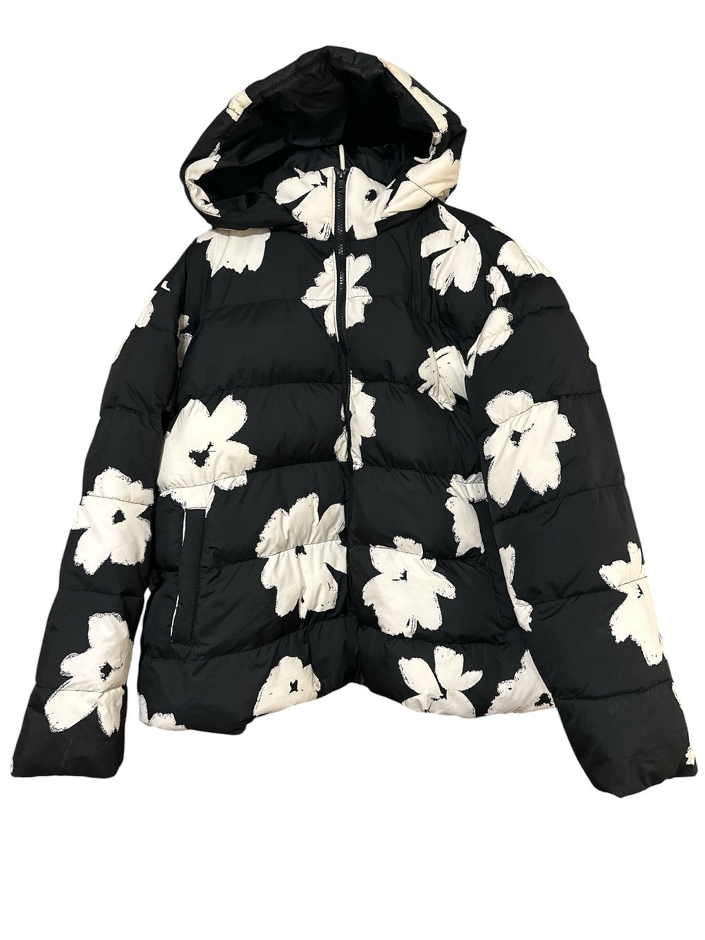 Ava & Viv Black Puffer Jacket with White Floral Print SZ 1X